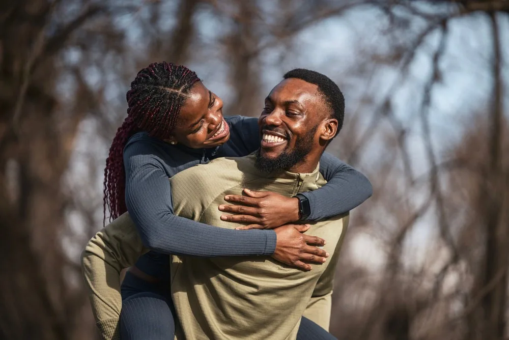 Couple embracing outdoors near Los Alamos, New Mexico